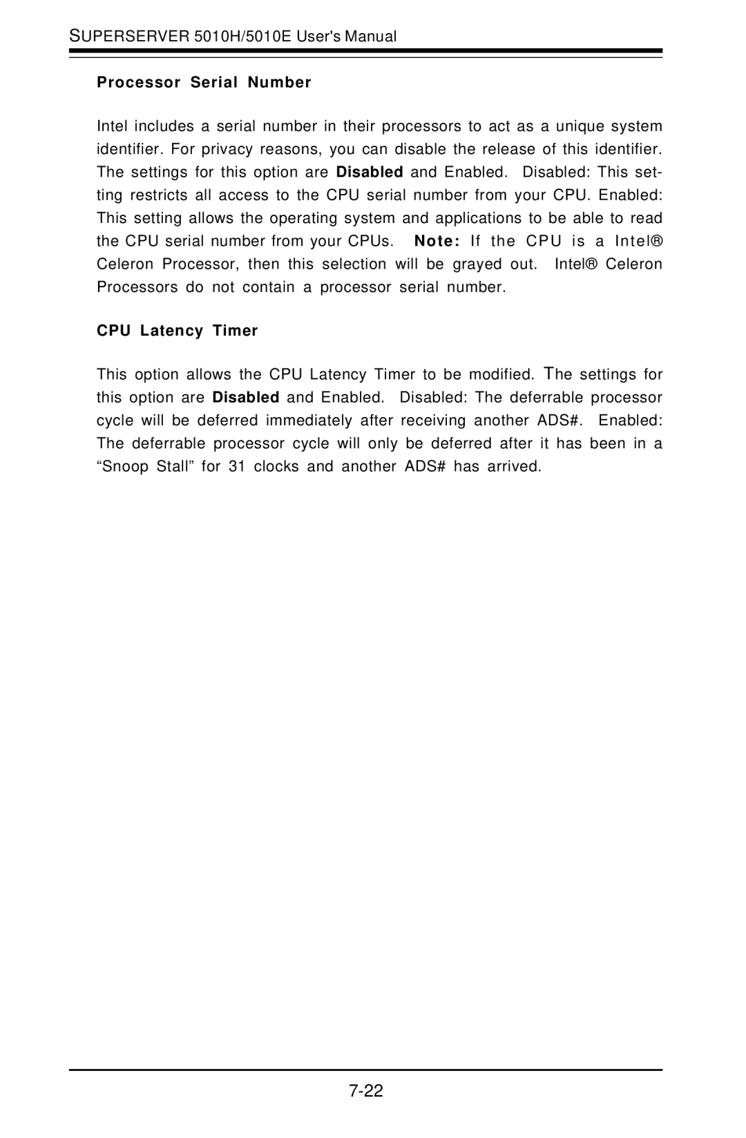 SUPER MICRO Computer 5010E, 5010H user manual Processor Serial Number, CPU Latency Timer 