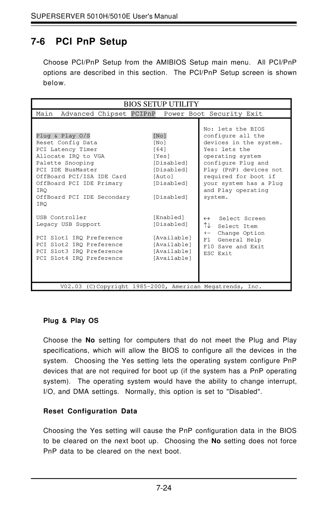 SUPER MICRO Computer 5010E, 5010H user manual PCI PnP Setup, Plug & Play OS, Reset Configuration Data 