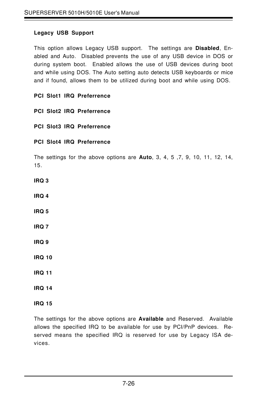 SUPER MICRO Computer 5010E, 5010H user manual Legacy USB Support, Irq 