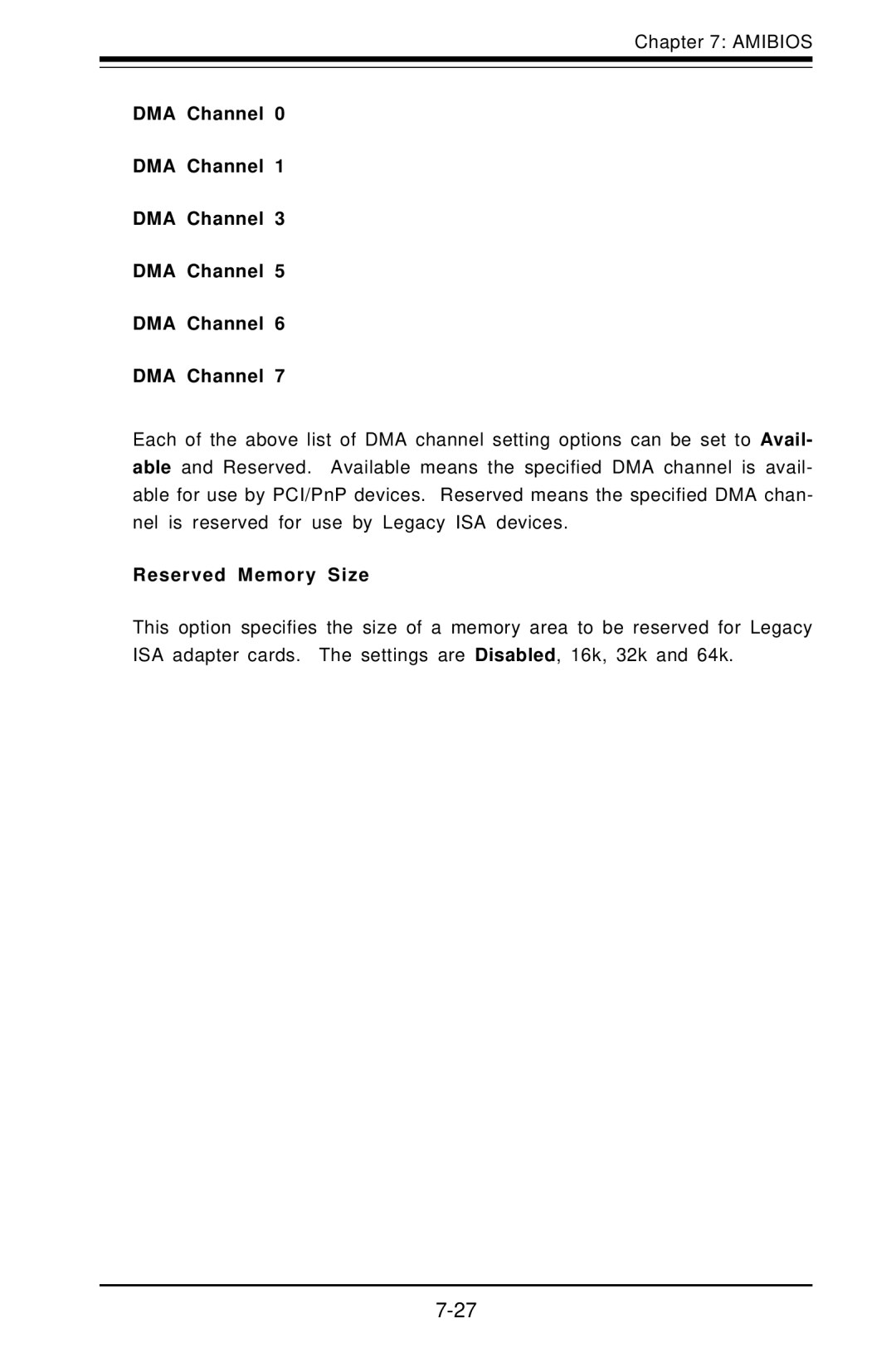 SUPER MICRO Computer 5010H, 5010E user manual DMA Channel, Reserved Memory Size 