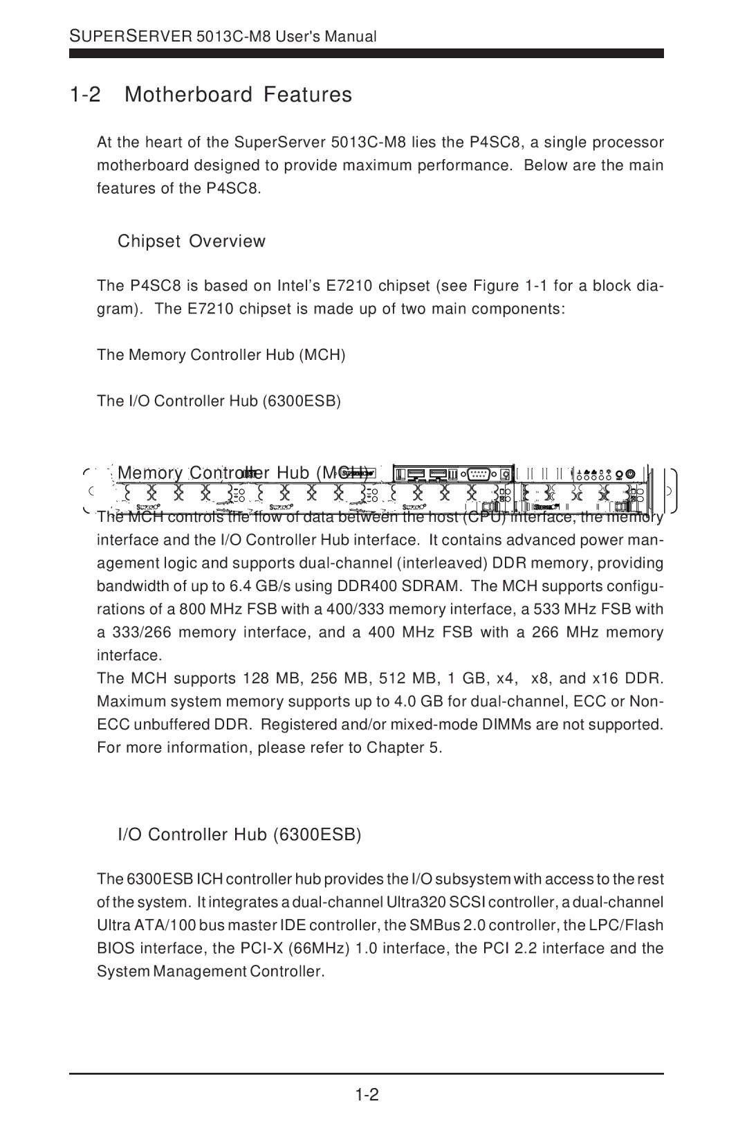 SUPER MICRO Computer 5013C-M8 Motherboard Features, Chipset Overview, Memory Controller Hub MCH, Controller Hub 6300ESB 