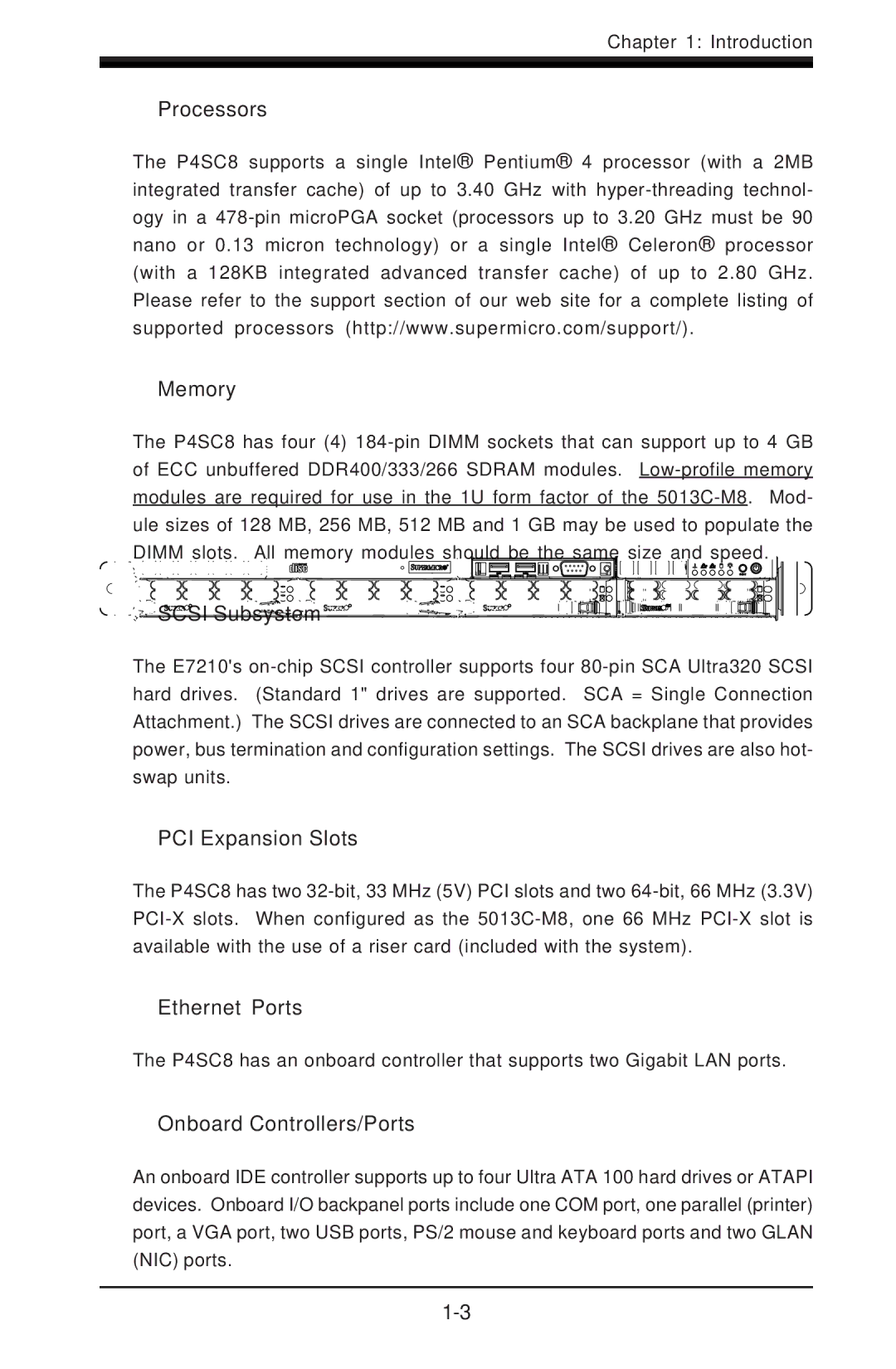 SUPER MICRO Computer 5013C-M8 user manual Processors Memory, Scsi Subsystem, PCI Expansion Slots, Ethernet Ports 