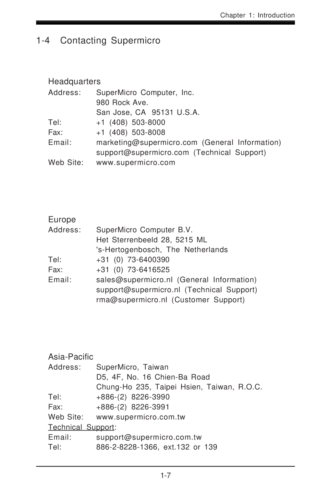 SUPER MICRO Computer 5013C-M8 user manual Contacting Supermicro, Headquarters, Europe, Asia-Pacific 