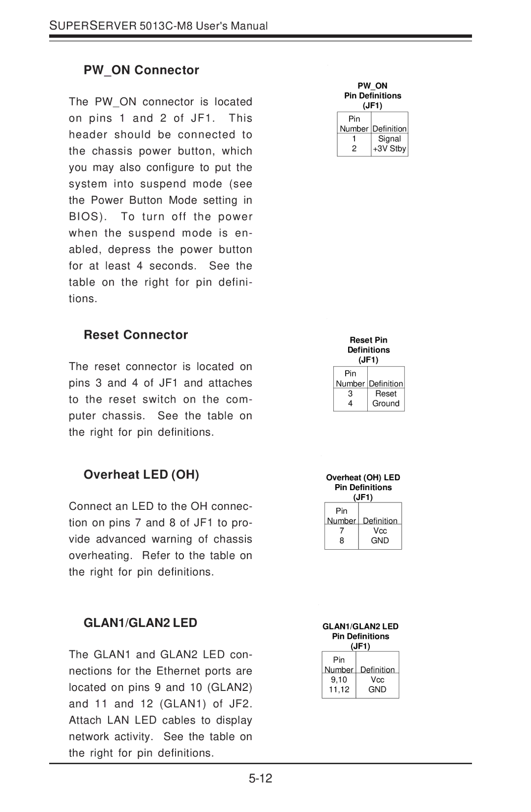 SUPER MICRO Computer 5013C-M8 user manual Pwon Connector, Reset Connector, Overheat LED OH 