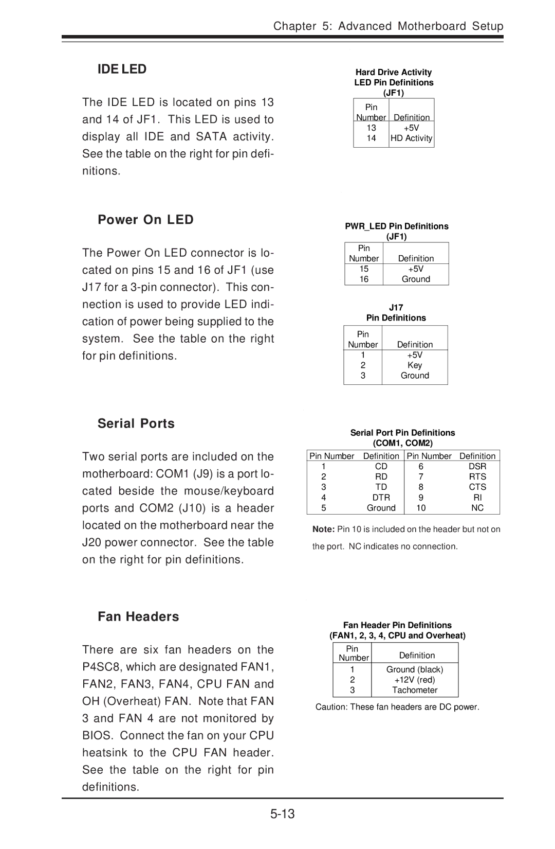 SUPER MICRO Computer 5013C-M8 user manual Power On LED, Serial Ports, Fan Headers 