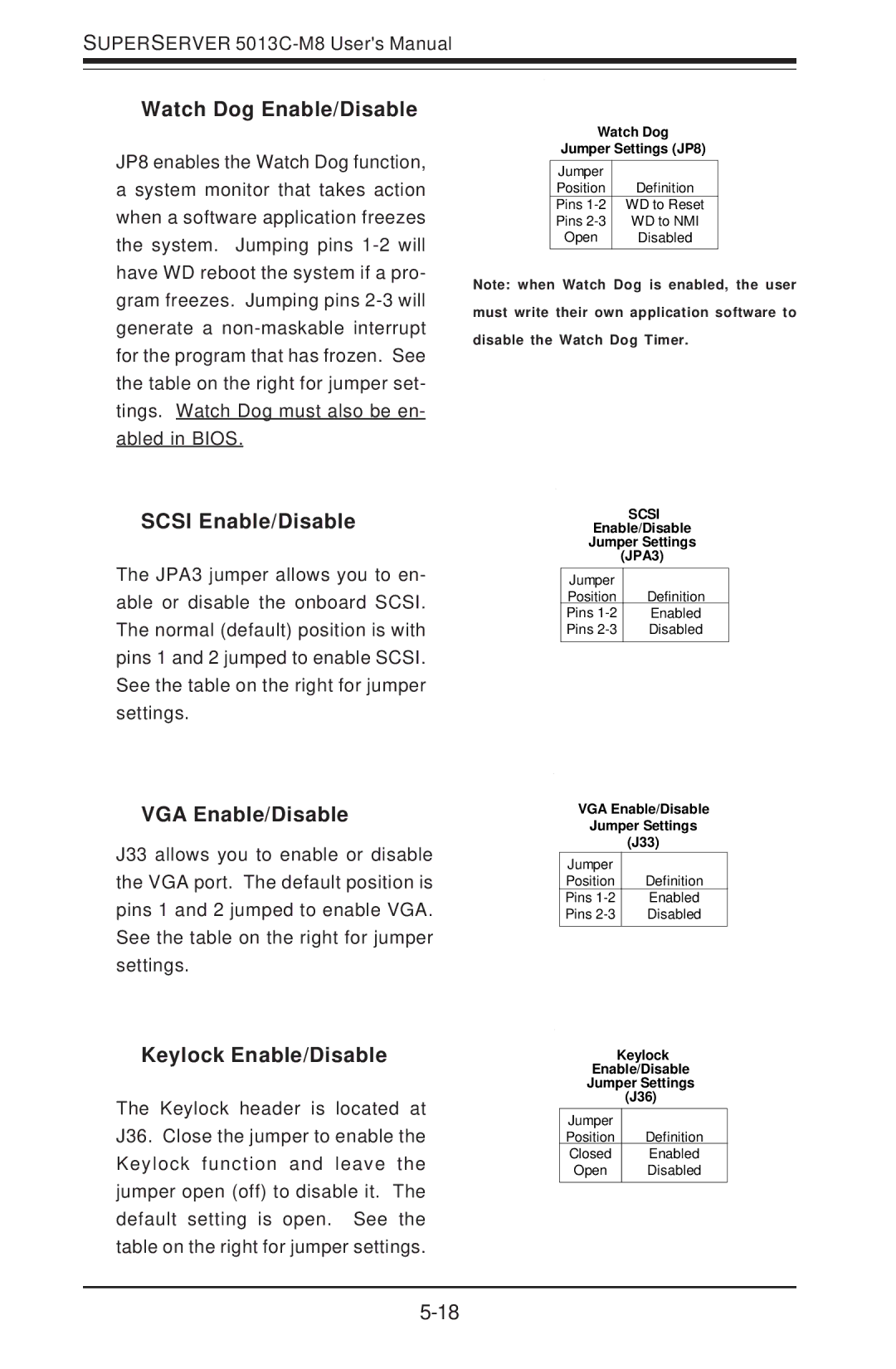 SUPER MICRO Computer 5013C-M8 Watch Dog Enable/Disable, Scsi Enable/Disable, VGA Enable/Disable, Keylock Enable/Disable 