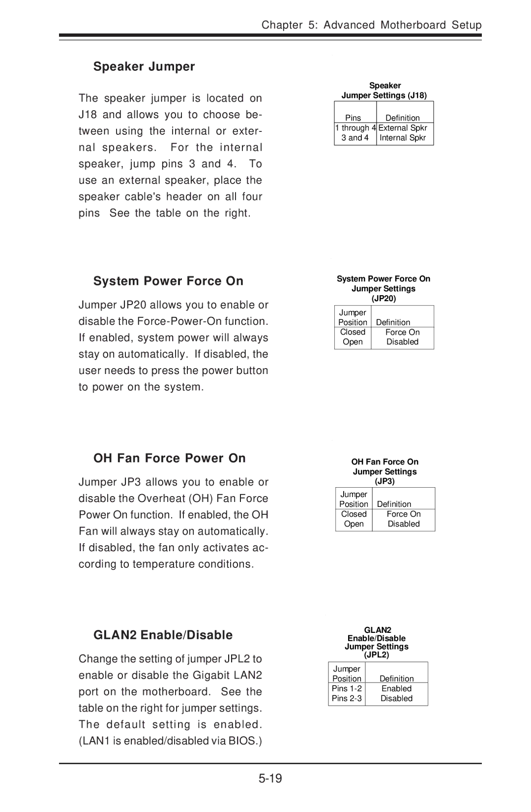 SUPER MICRO Computer 5013C-M8 Speaker Jumper, System Power Force On, OH Fan Force Power On, GLAN2 Enable/Disable 