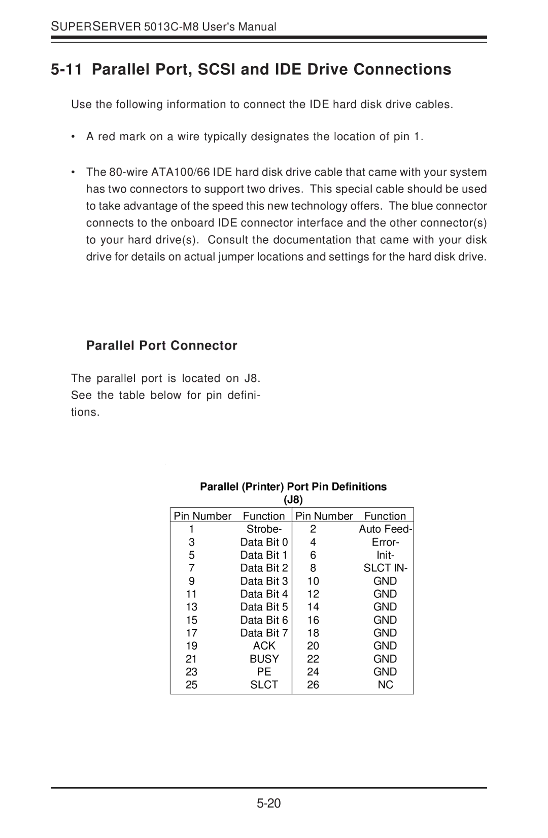 SUPER MICRO Computer 5013C-M8 user manual Parallel Port, Scsi and IDE Drive Connections, Parallel Port Connector 