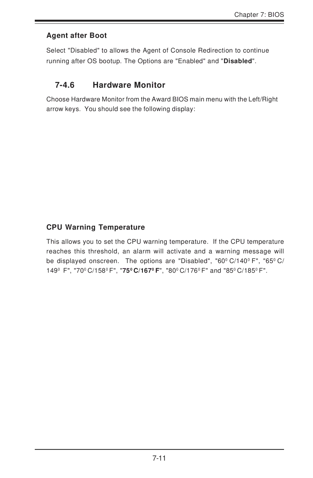 SUPER MICRO Computer 5013C-M8 user manual Hardware Monitor, Agent after Boot, CPU Warning Temperature 