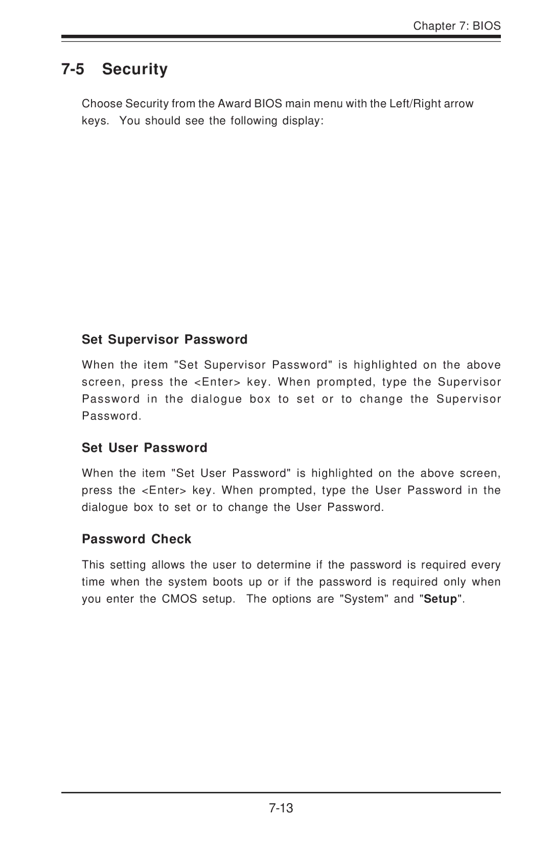 SUPER MICRO Computer 5013C-M8 user manual Security, Set Supervisor Password, Set User Password, Password Check 
