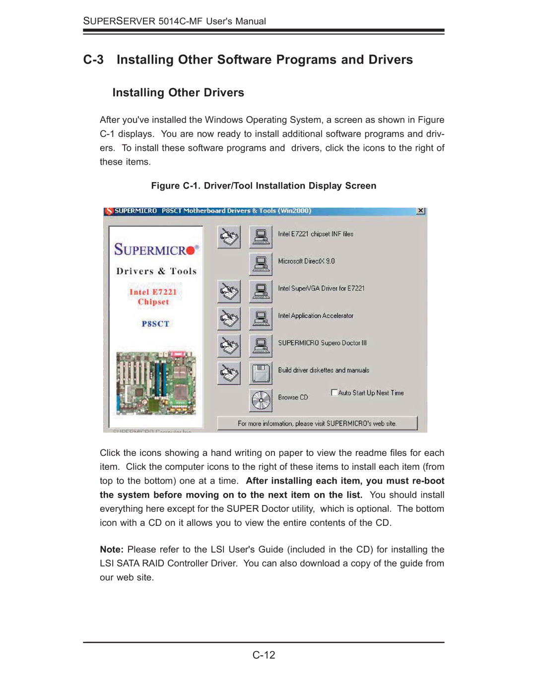 SUPER MICRO Computer 5014C-MF user manual Installing Other Software Programs and Drivers, Installing Other Drivers 