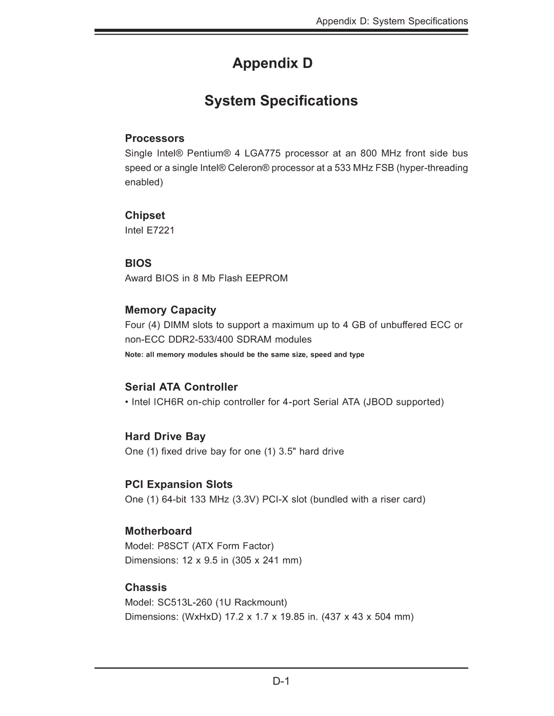 SUPER MICRO Computer 5014C-MF user manual Appendix D System Speciﬁcations 