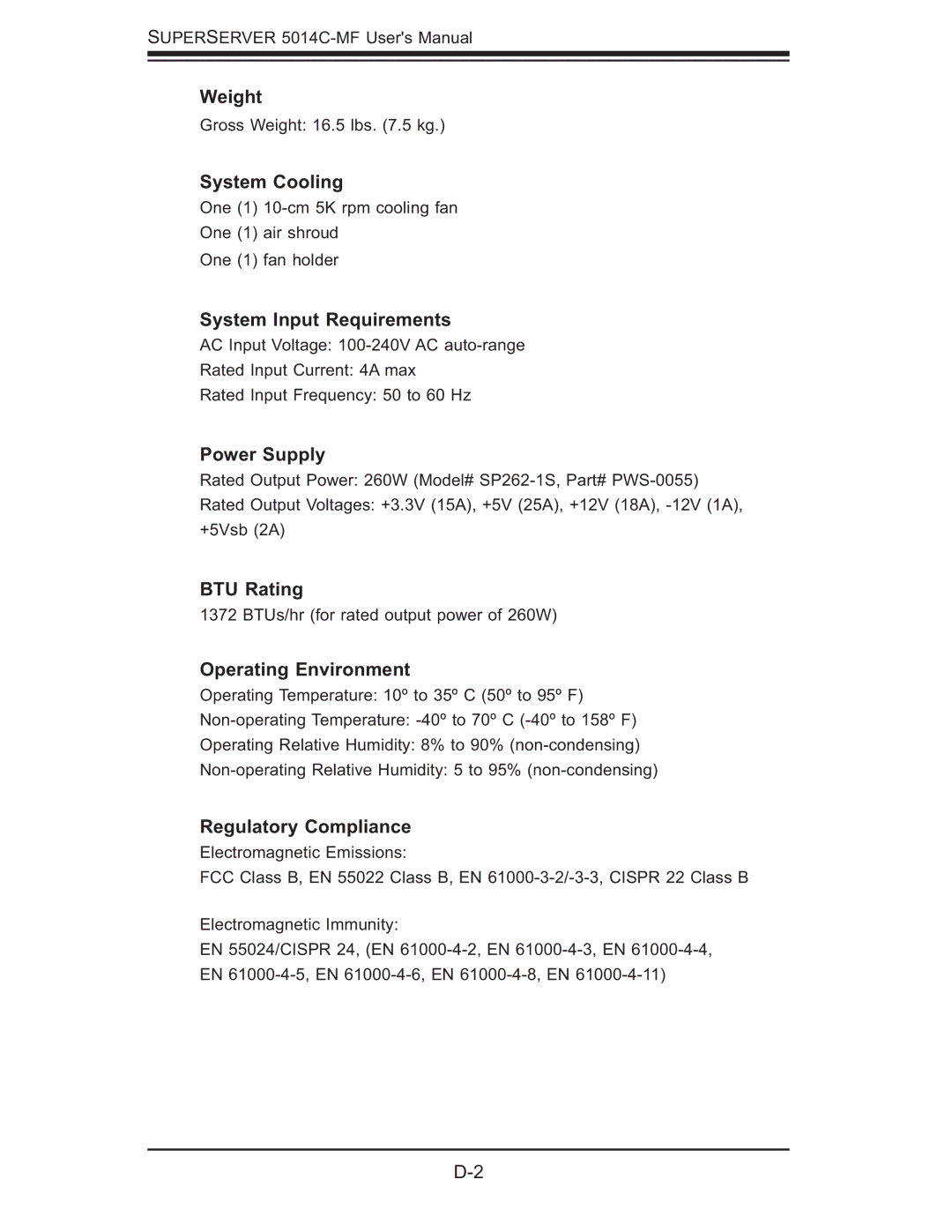 SUPER MICRO Computer 5014C-MF user manual Weight, System Cooling, System Input Requirements, Power Supply, BTU Rating 