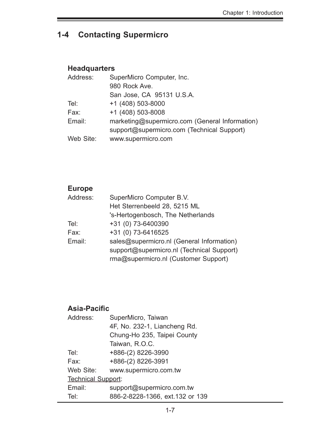 SUPER MICRO Computer 5014C-MF user manual Contacting Supermicro, Headquarters, Europe, Asia-Paciﬁc 