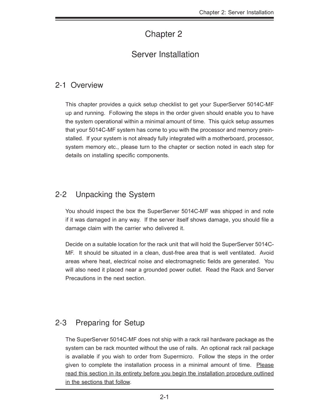 SUPER MICRO Computer 5014C-MF user manual Chapter Server Installation, Unpacking the System, Preparing for Setup 