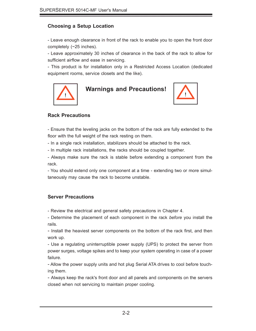 SUPER MICRO Computer 5014C-MF user manual Choosing a Setup Location, Rack Precautions, Server Precautions 