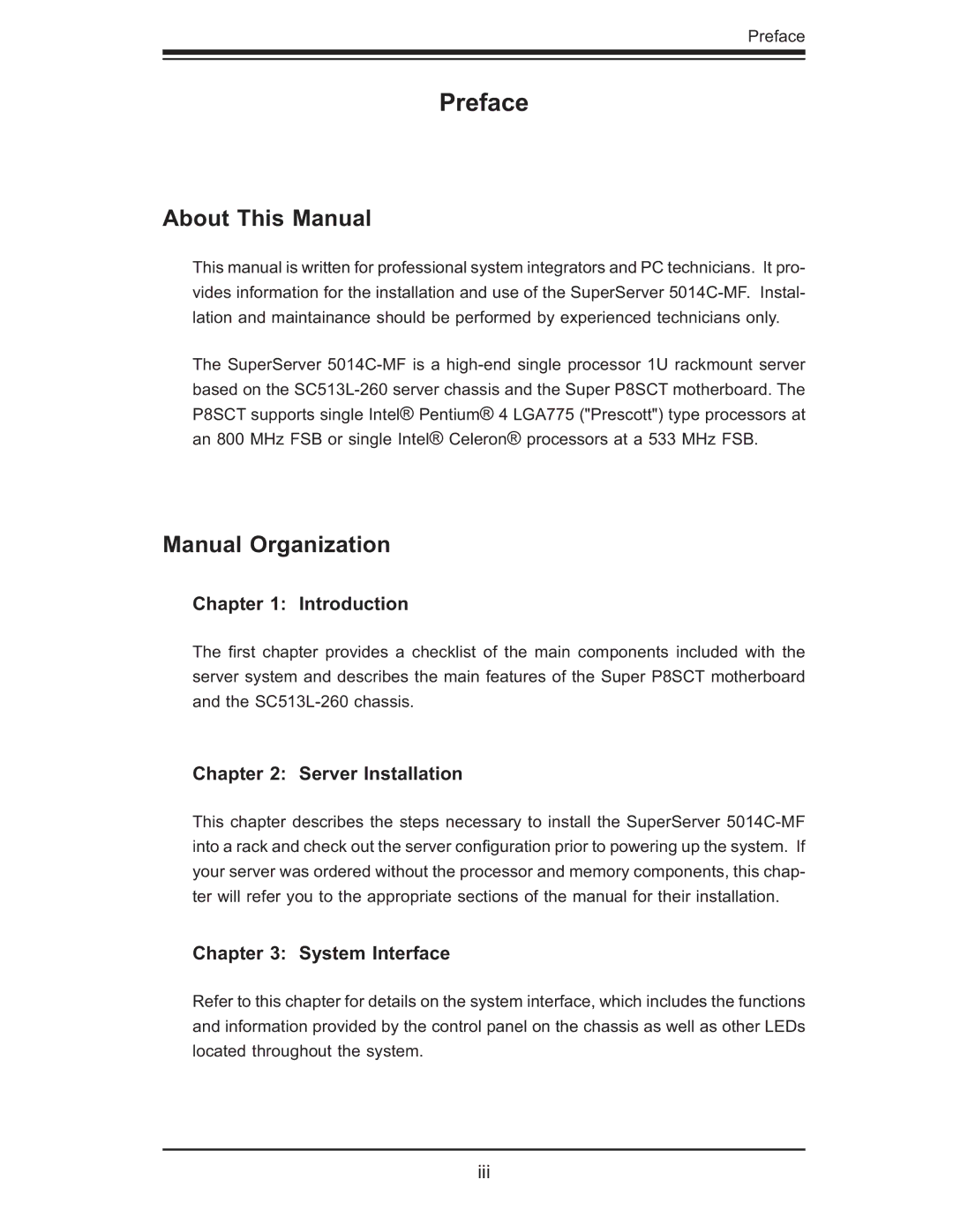 SUPER MICRO Computer 5014C-MF user manual Preface, About This Manual, Manual Organization 