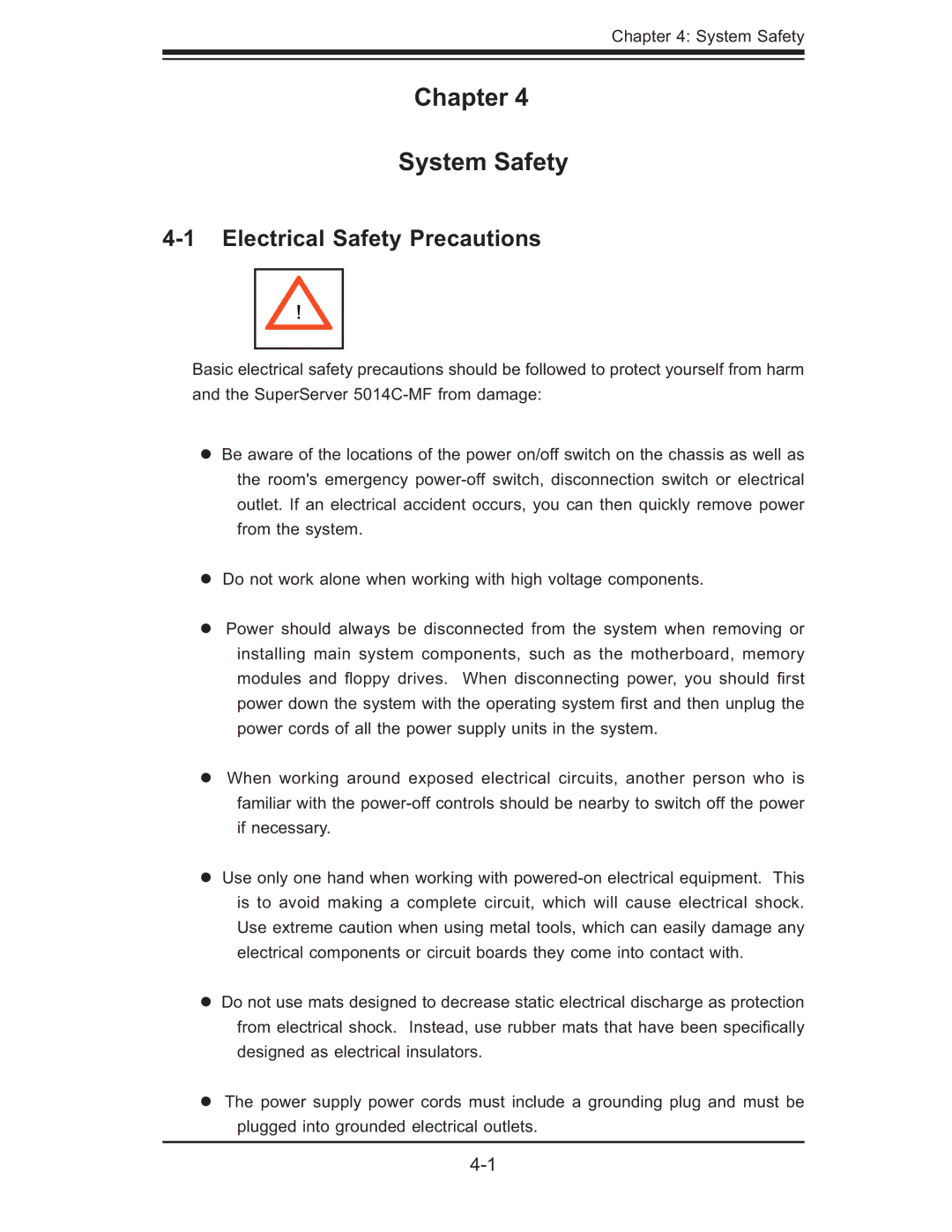 SUPER MICRO Computer 5014C-MF user manual Chapter System Safety, Electrical Safety Precautions 