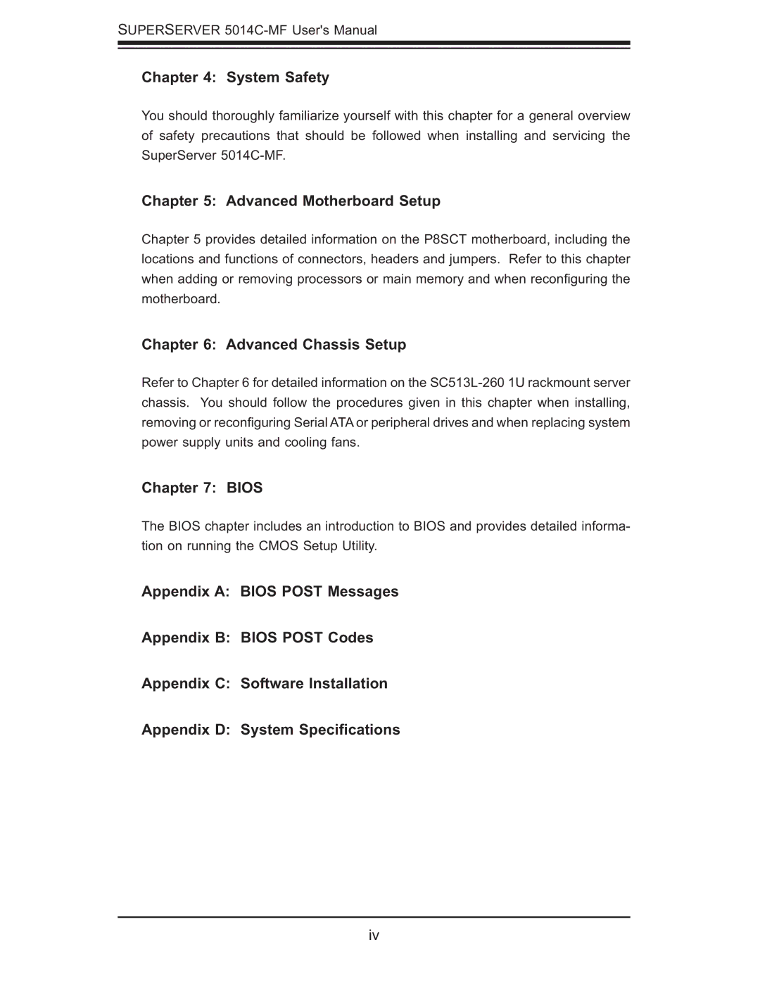 SUPER MICRO Computer 5014C-MF user manual System Safety, Advanced Motherboard Setup, Advanced Chassis Setup, Bios 