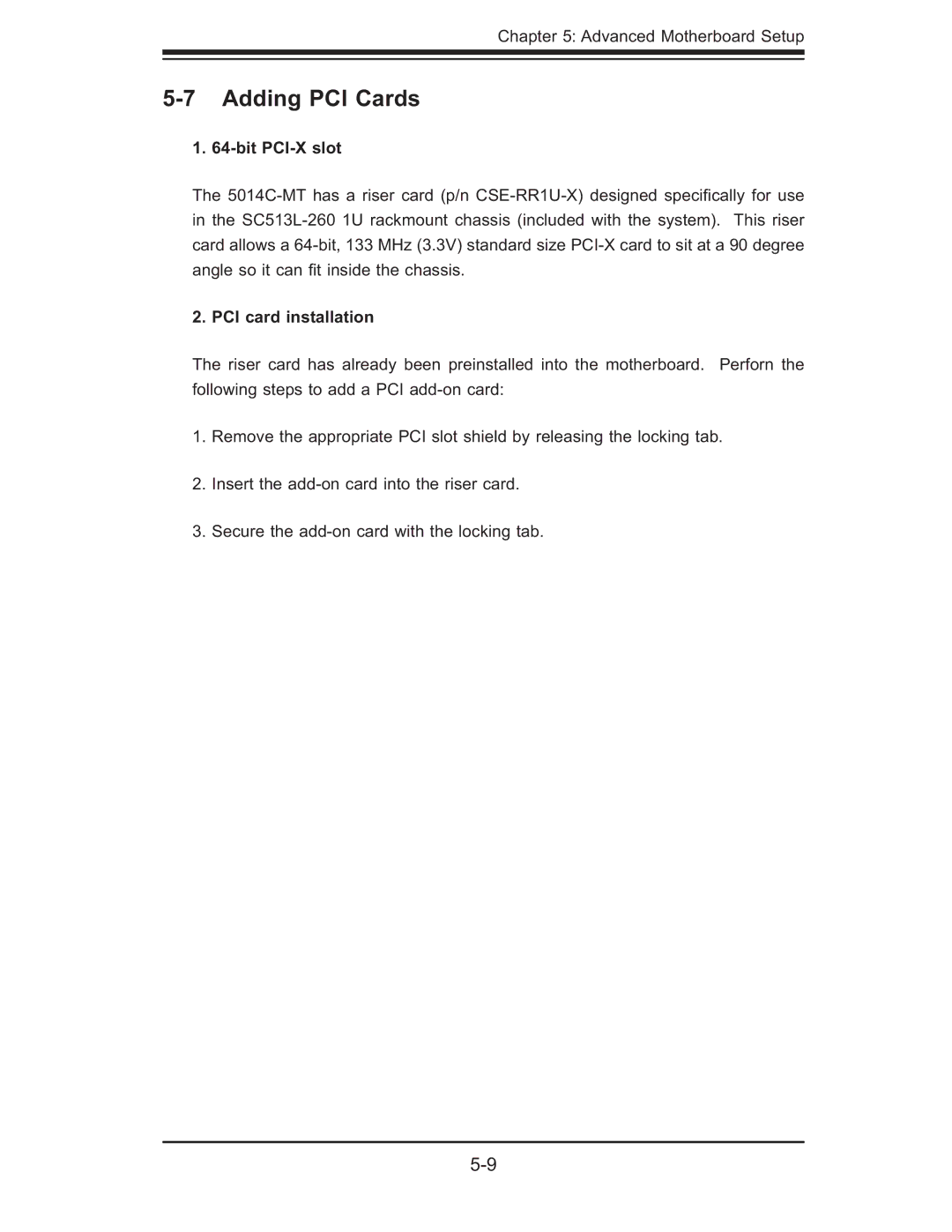 SUPER MICRO Computer 5014C-MF user manual Adding PCI Cards, Bit PCI-X slot 