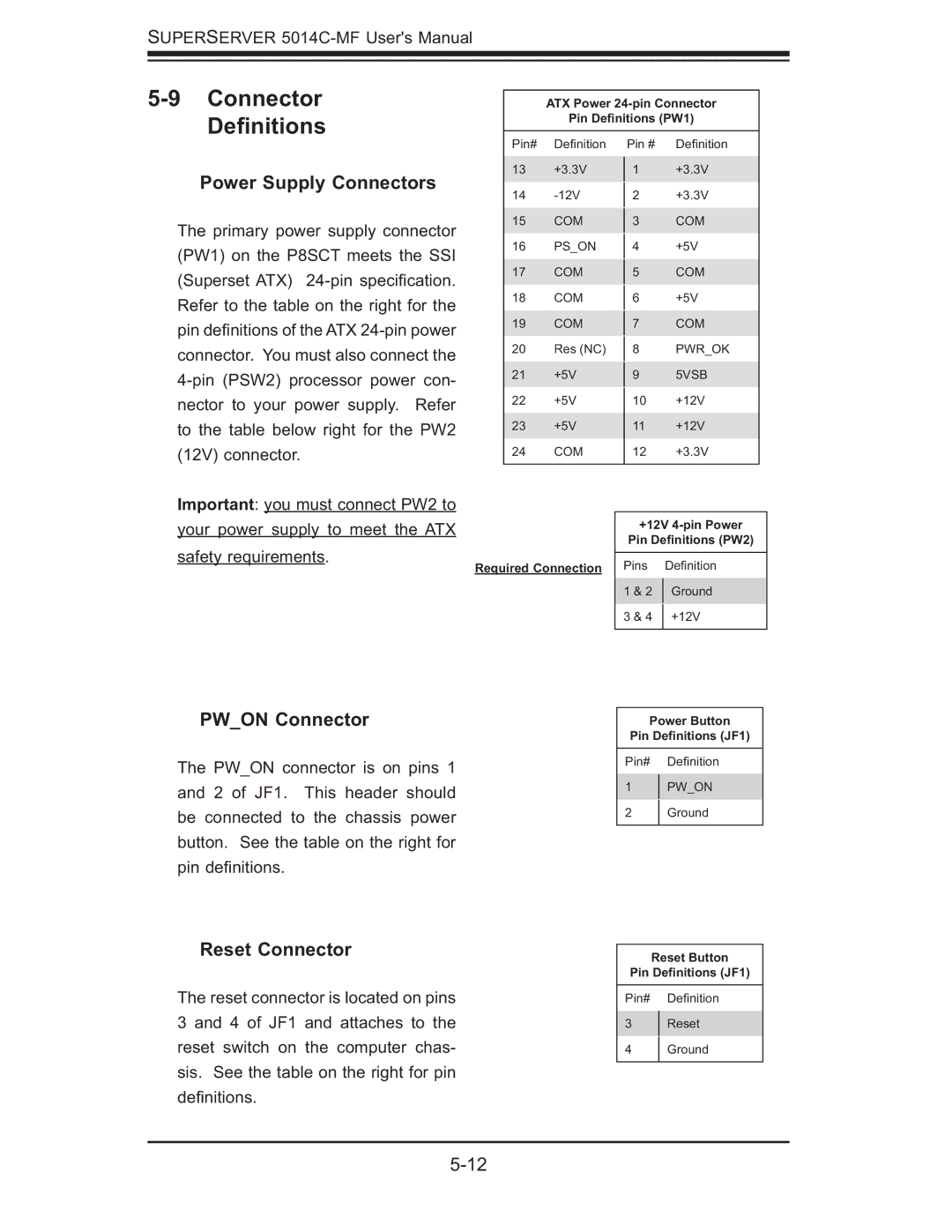 SUPER MICRO Computer 5014C-MF user manual Connector Deﬁnitions, Power Supply Connectors, Pwon Connector, Reset Connector 