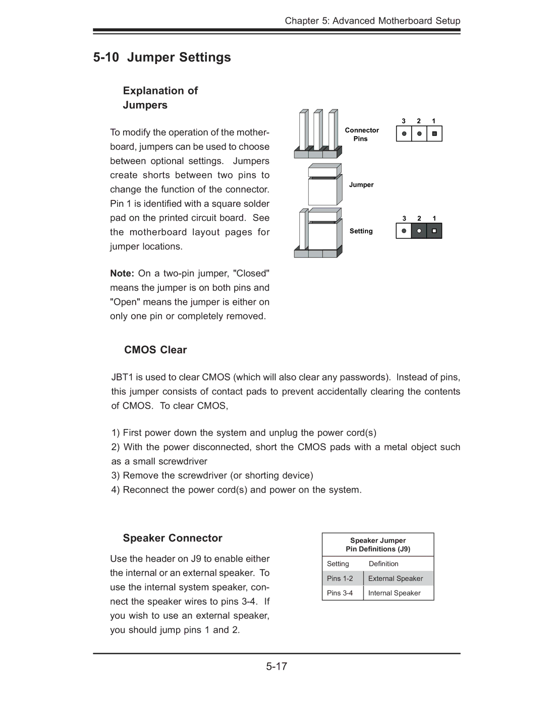 SUPER MICRO Computer 5014C-MF user manual Jumper Settings, Explanation Jumpers, Cmos Clear, Speaker Connector 