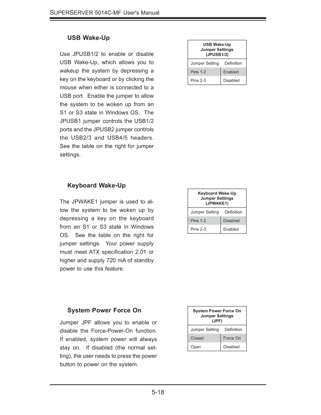 SUPER MICRO Computer 5014C-MF user manual USB Wake-Up, Keyboard Wake-Up, System Power Force On 