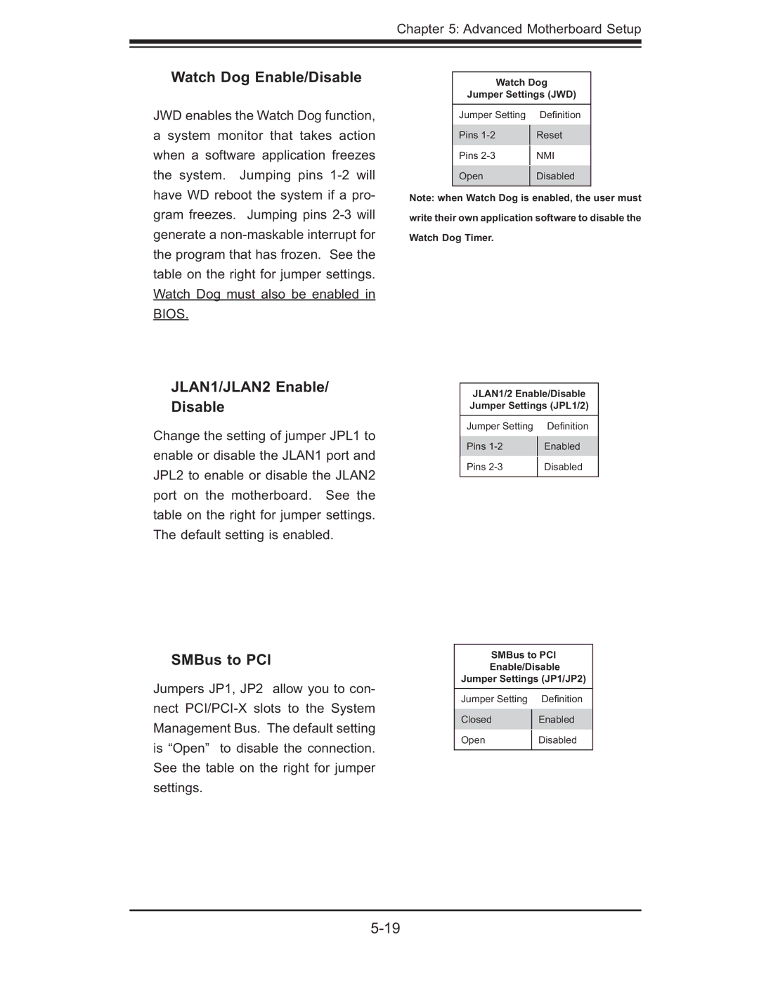 SUPER MICRO Computer 5014C-MF user manual Watch Dog Enable/Disable, JLAN1/JLAN2 Enable Disable, SMBus to PCI 