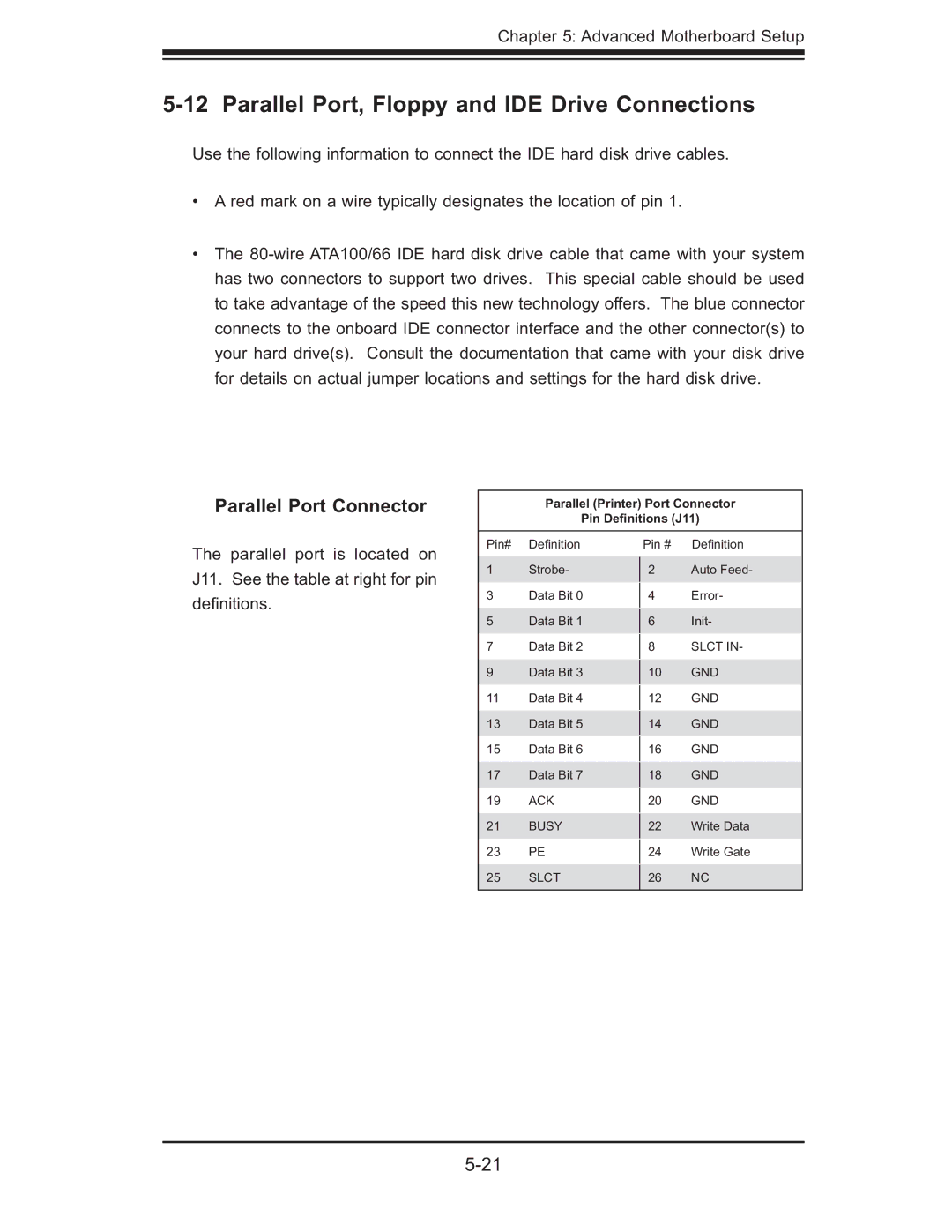 SUPER MICRO Computer 5014C-MF user manual Parallel Port, Floppy and IDE Drive Connections, Parallel Port Connector 