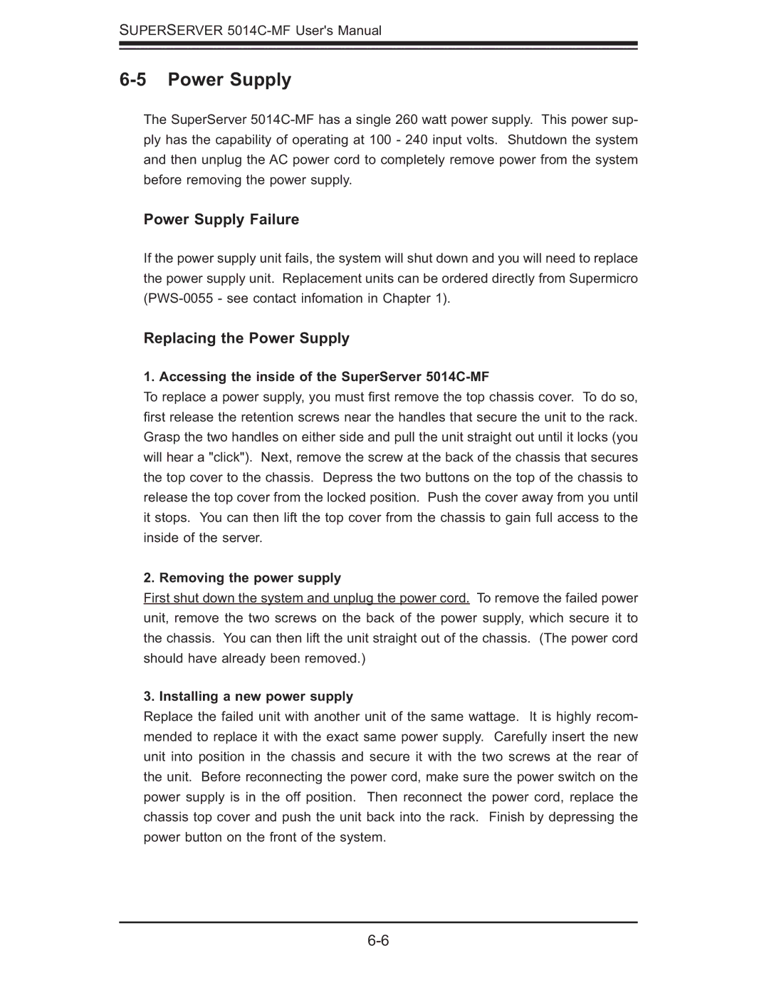 SUPER MICRO Computer 5014C-MF user manual Power Supply Failure, Replacing the Power Supply 