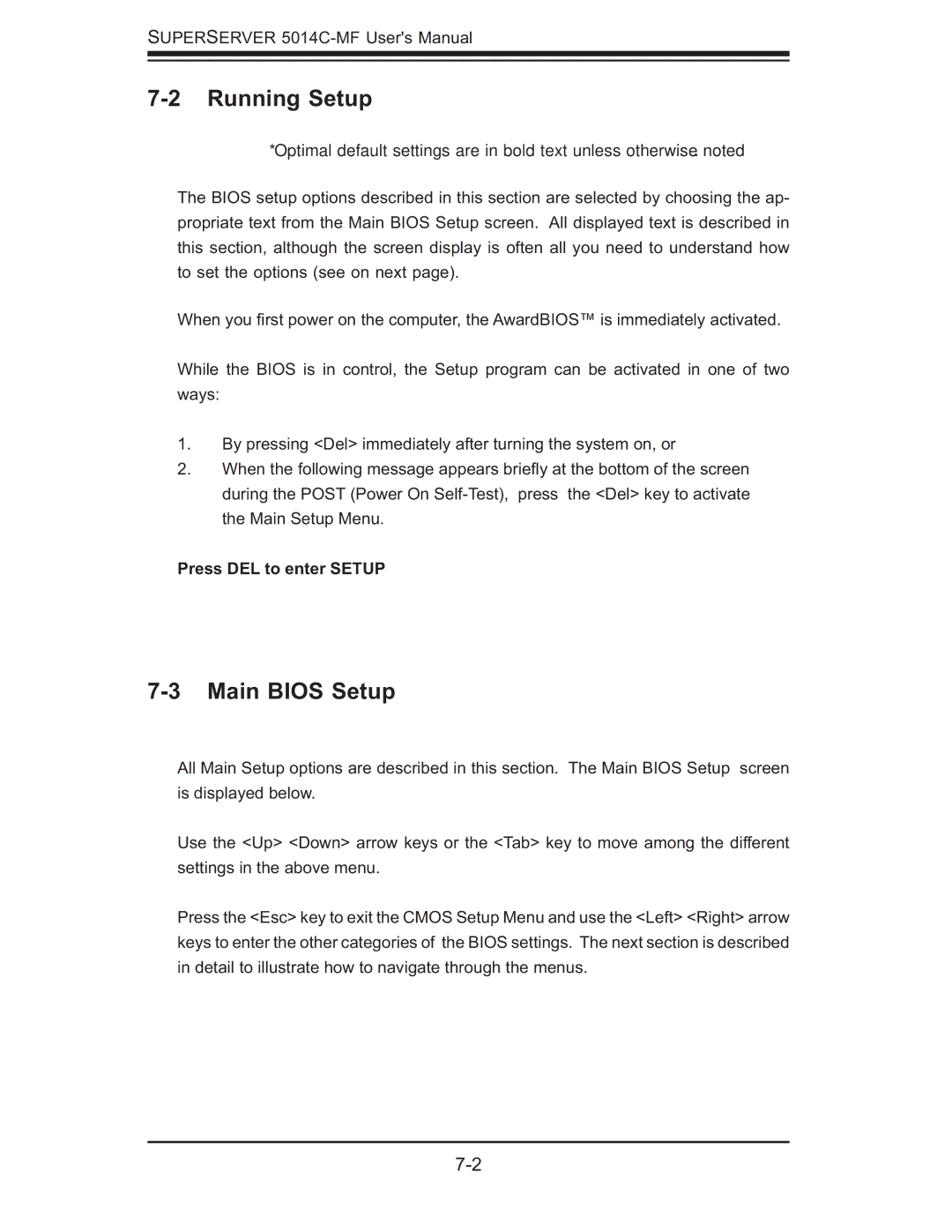 SUPER MICRO Computer 5014C-MF user manual Running Setup, Main Bios Setup 