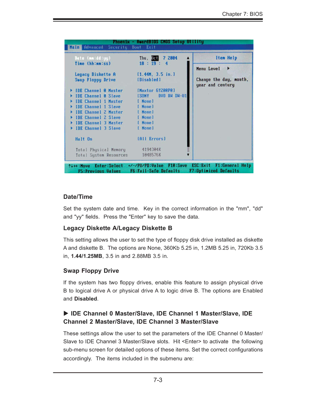 SUPER MICRO Computer 5014C-MF user manual Date/Time, Legacy Diskette A/Legacy Diskette B, Swap Floppy Drive 