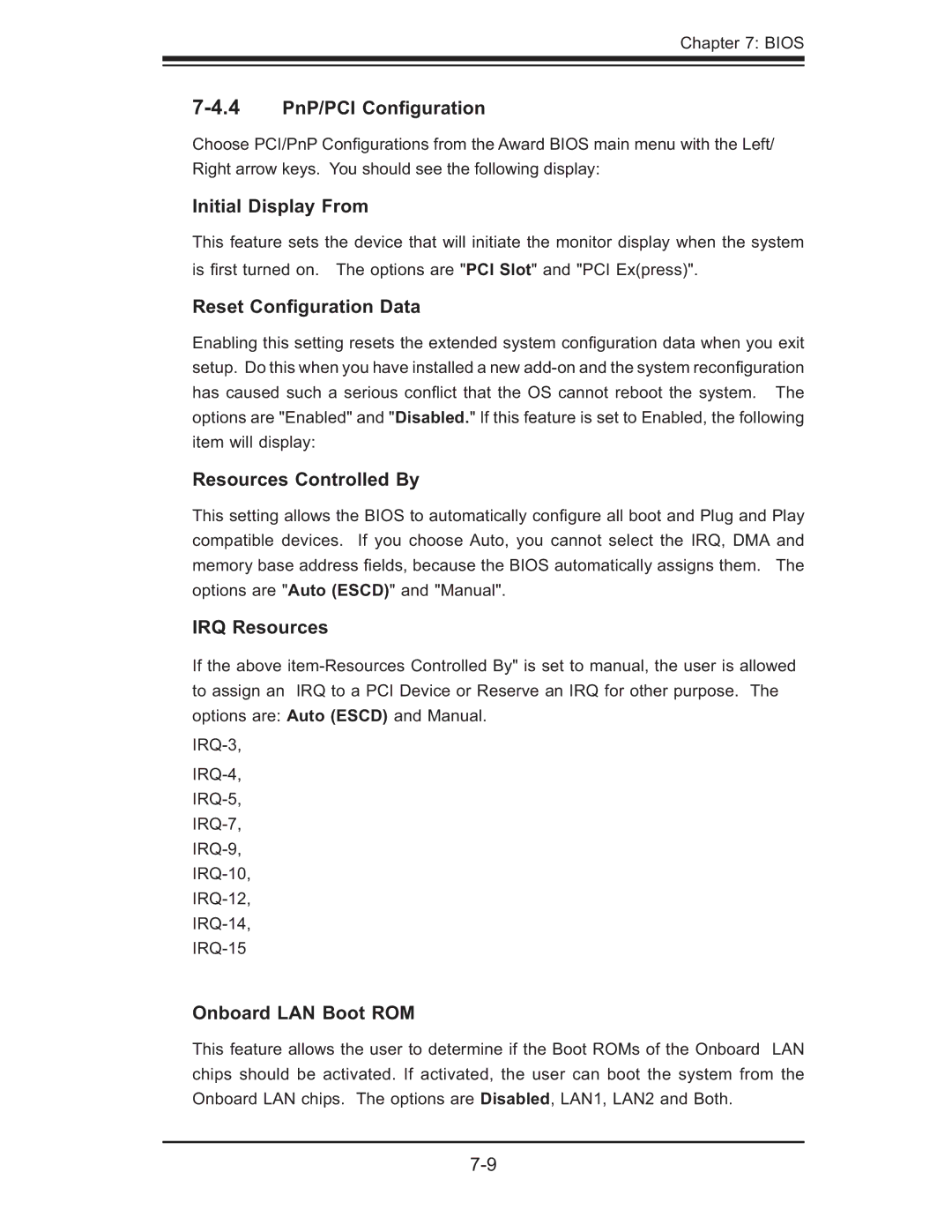 SUPER MICRO Computer 5014C-MF 4PnP/PCI Conﬁguration, Initial Display From, Reset Conﬁguration Data, IRQ Resources 