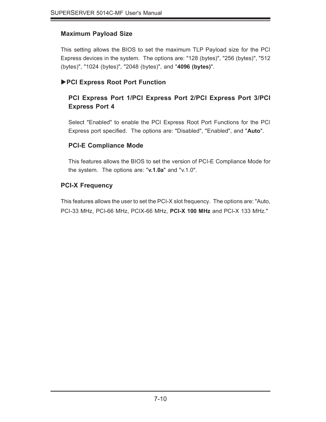 SUPER MICRO Computer 5014C-MF user manual Maximum Payload Size, PCI-E Compliance Mode, PCI-X Frequency 