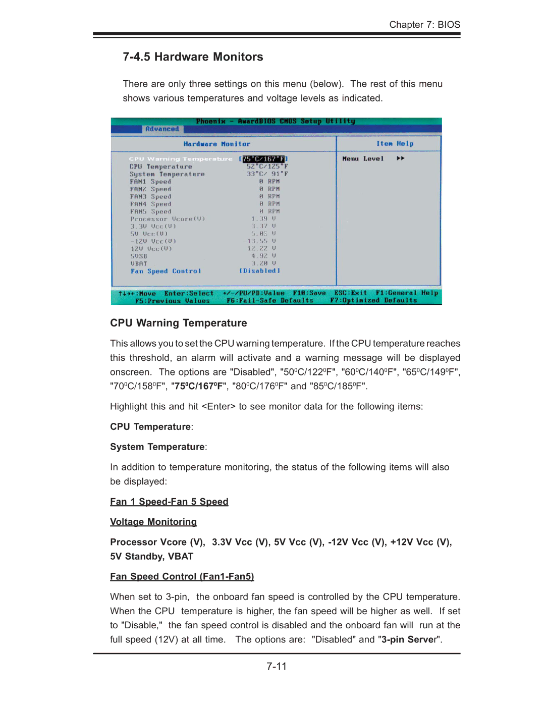 SUPER MICRO Computer 5014C-MF user manual Hardware Monitors, CPU Warning Temperature 