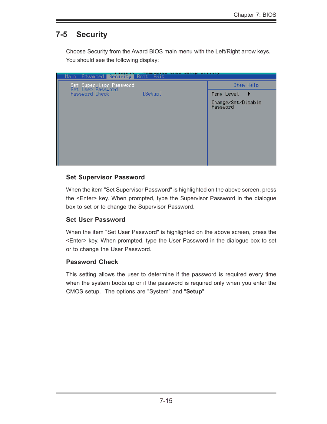 SUPER MICRO Computer 5014C-MF user manual Security, Set Supervisor Password, Set User Password, Password Check 