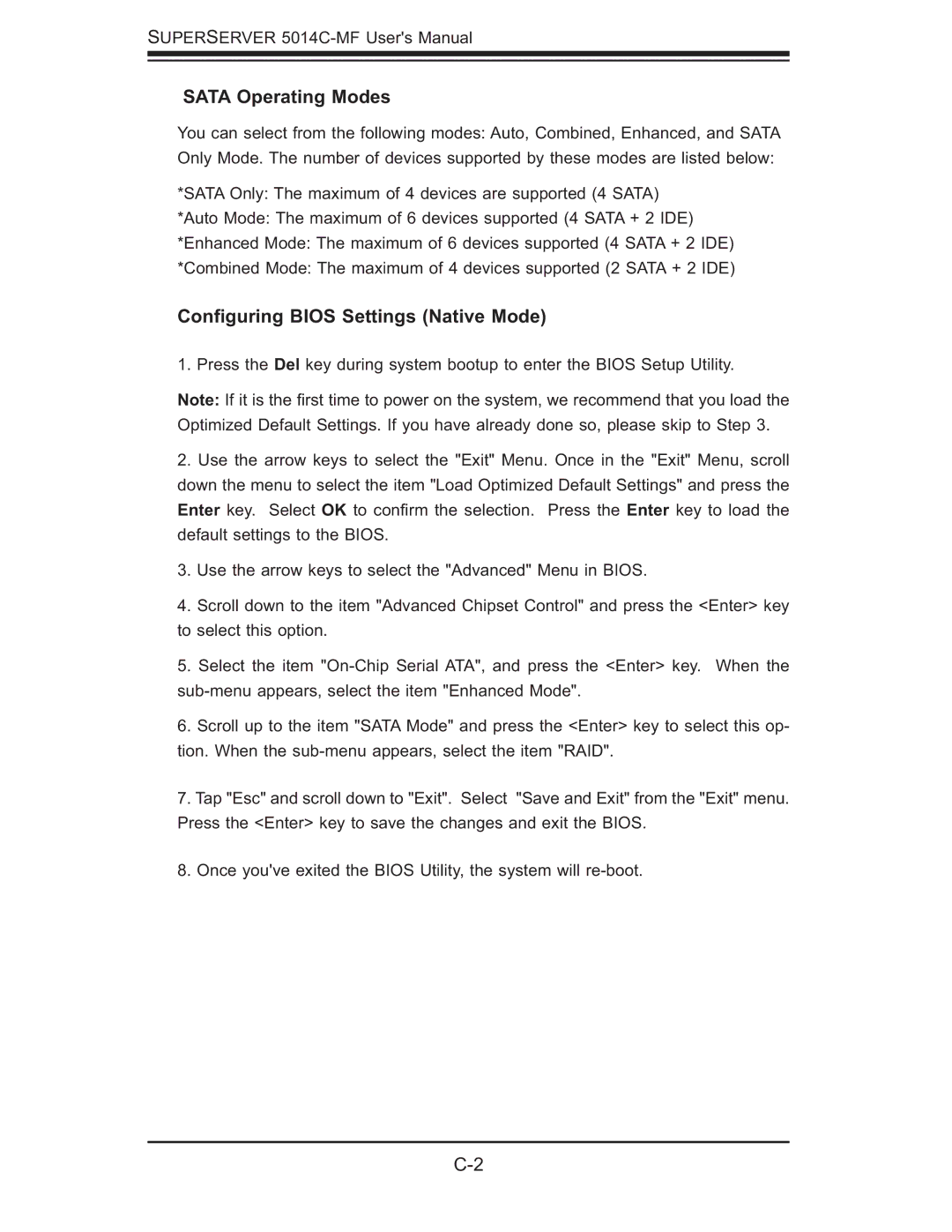 SUPER MICRO Computer 5014C-MF user manual Sata Operating Modes, Conﬁguring Bios Settings Native Mode 