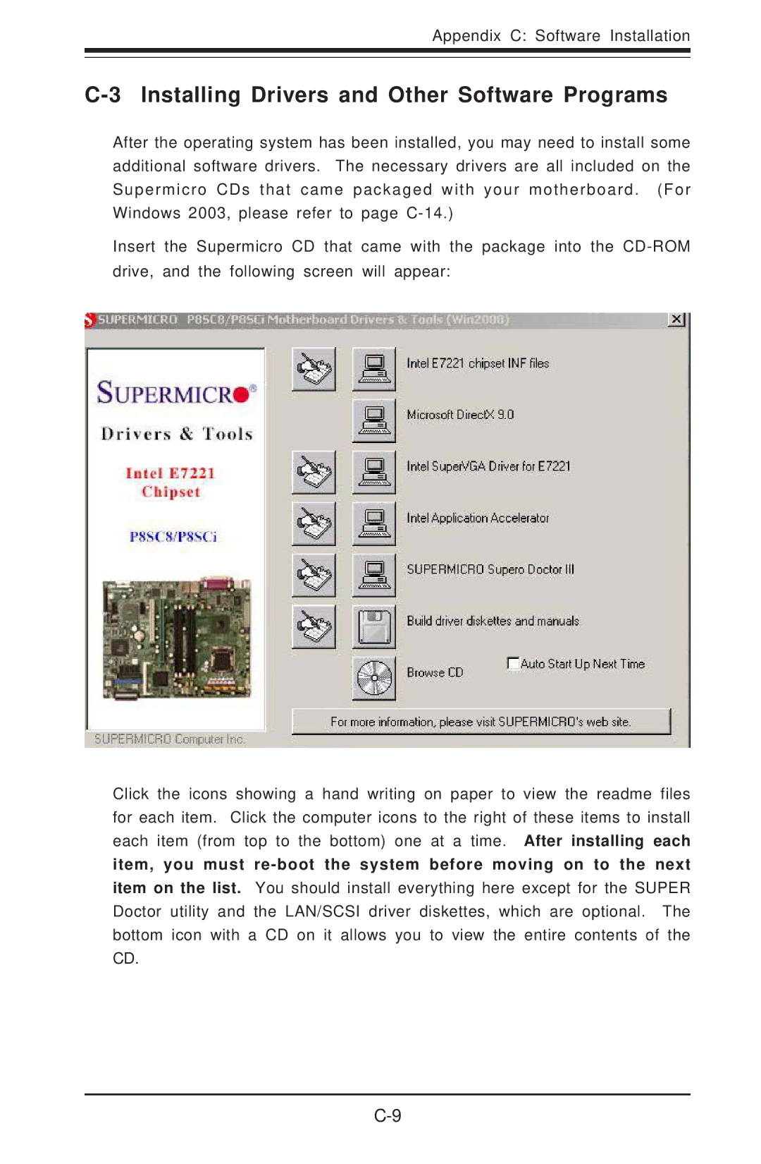 SUPER MICRO Computer 5014C-T manual Installing Drivers and Other Software Programs 