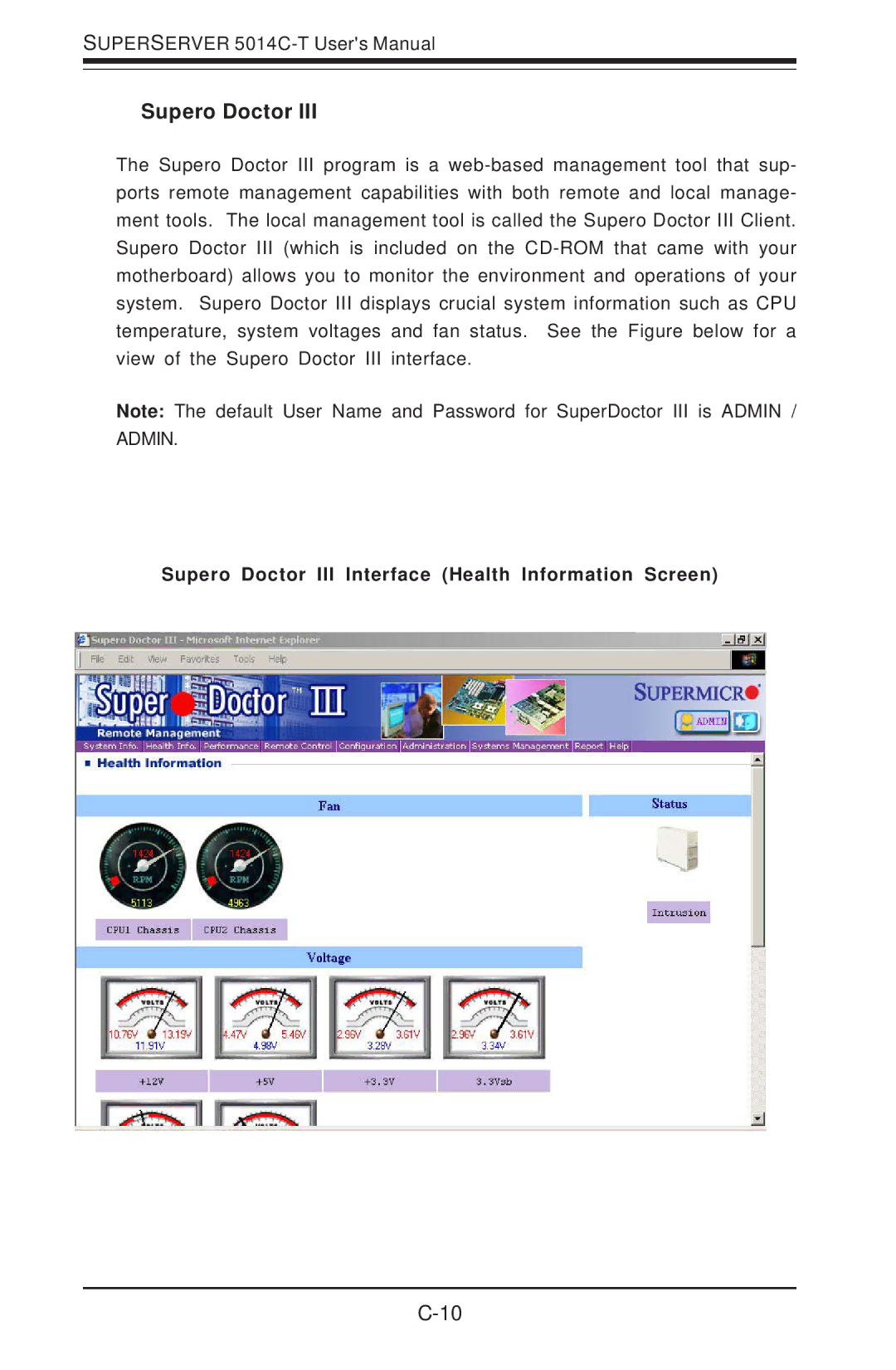 SUPER MICRO Computer 5014C-T manual Supero Doctor III Interface Health Information Screen 