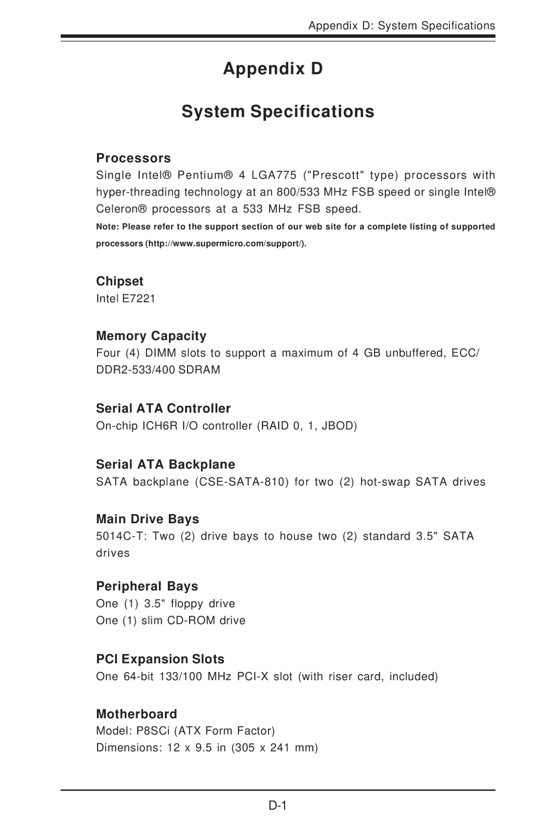 SUPER MICRO Computer 5014C-T manual Appendix D System Specifications 