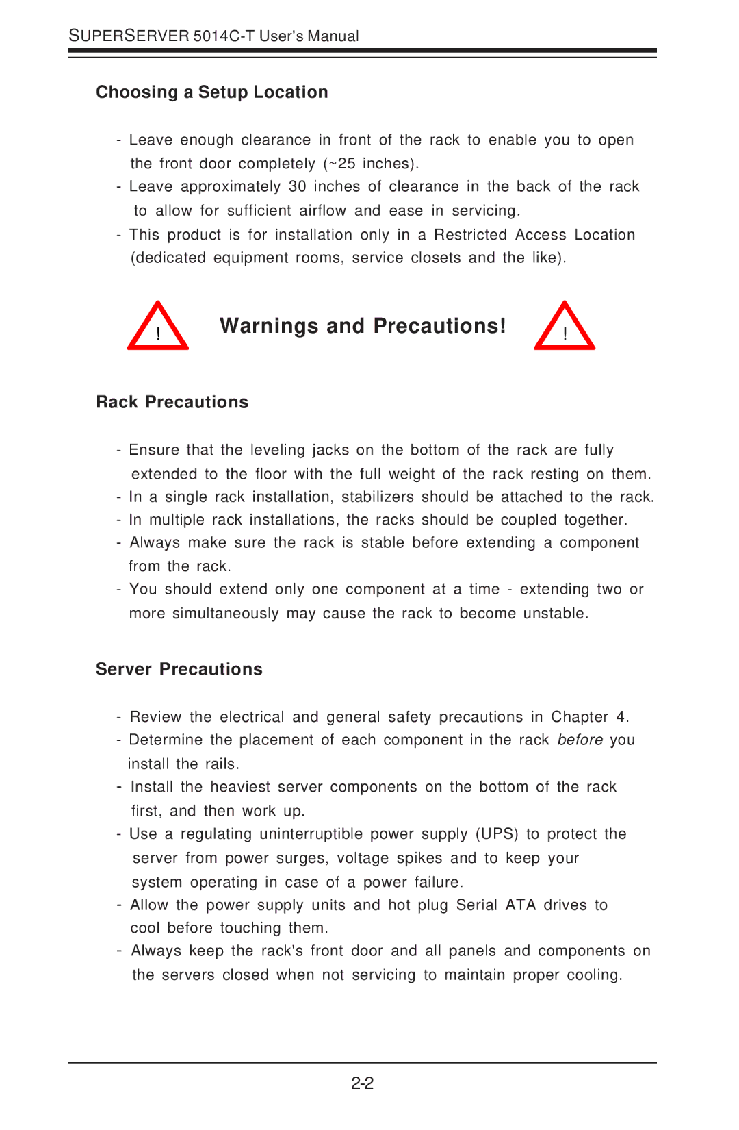 SUPER MICRO Computer 5014C-T manual Choosing a Setup Location, Rack Precautions, Server Precautions 