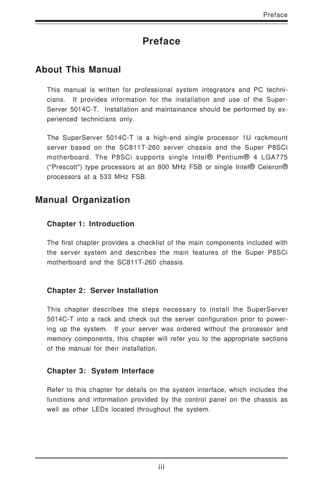 SUPER MICRO Computer 5014C-T manual Preface, About This Manual, Manual Organization 