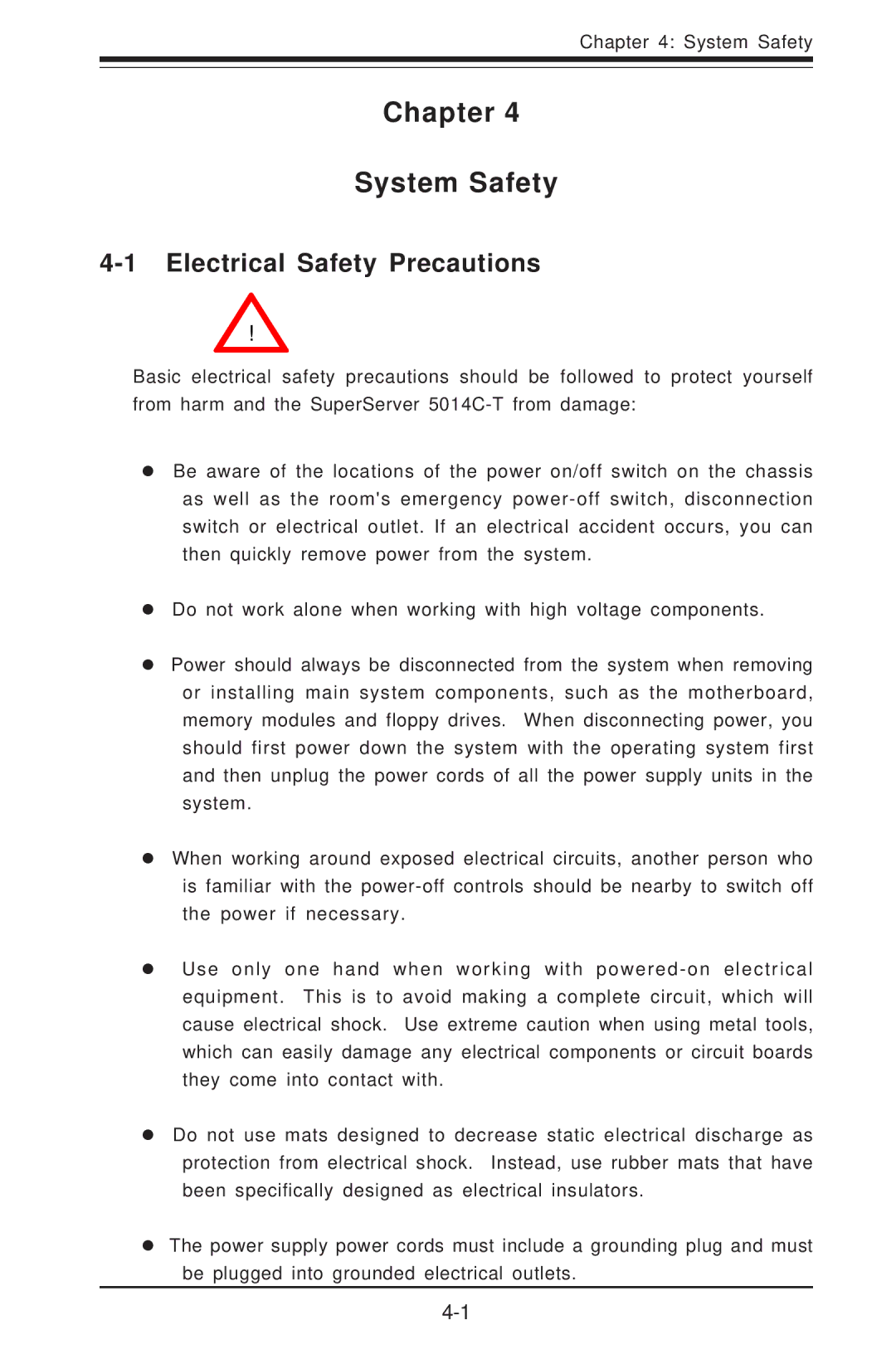 SUPER MICRO Computer 5014C-T manual Chapter System Safety, Electrical Safety Precautions 