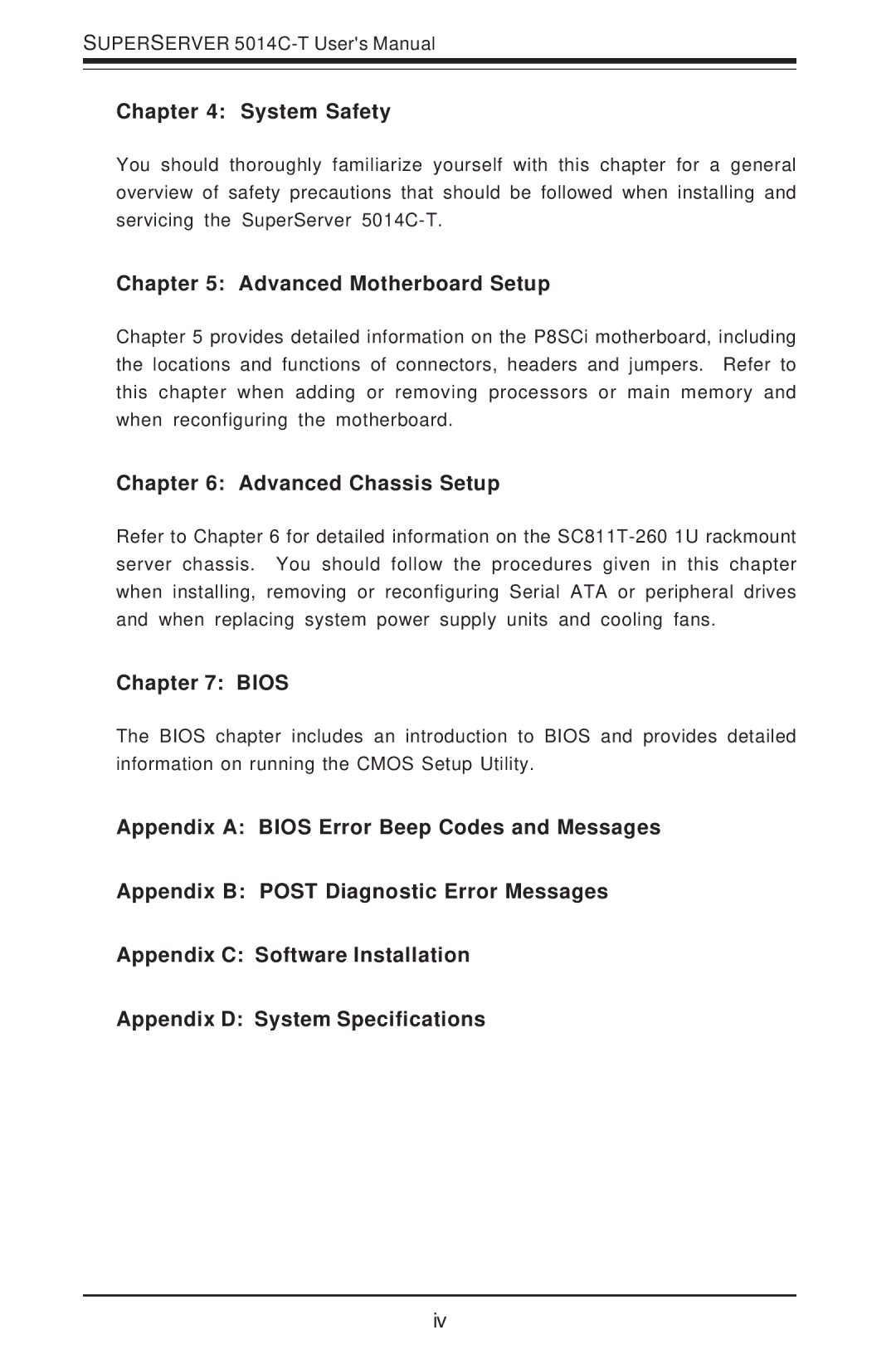 SUPER MICRO Computer 5014C-T manual System Safety, Advanced Motherboard Setup, Advanced Chassis Setup, Bios 