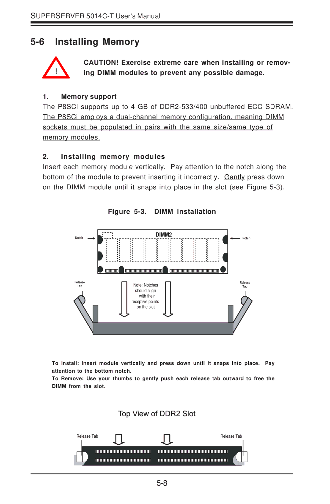 SUPER MICRO Computer 5014C-T manual Installing Memory, Installing memory modules 