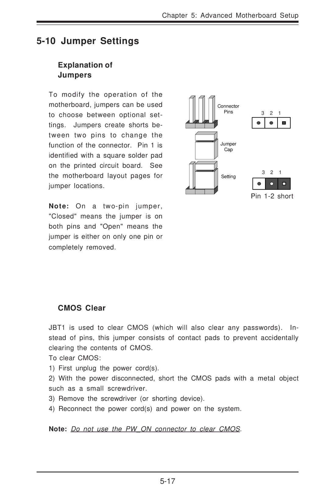 SUPER MICRO Computer 5014C-T manual Jumper Settings, Explanation Jumpers, Cmos Clear 