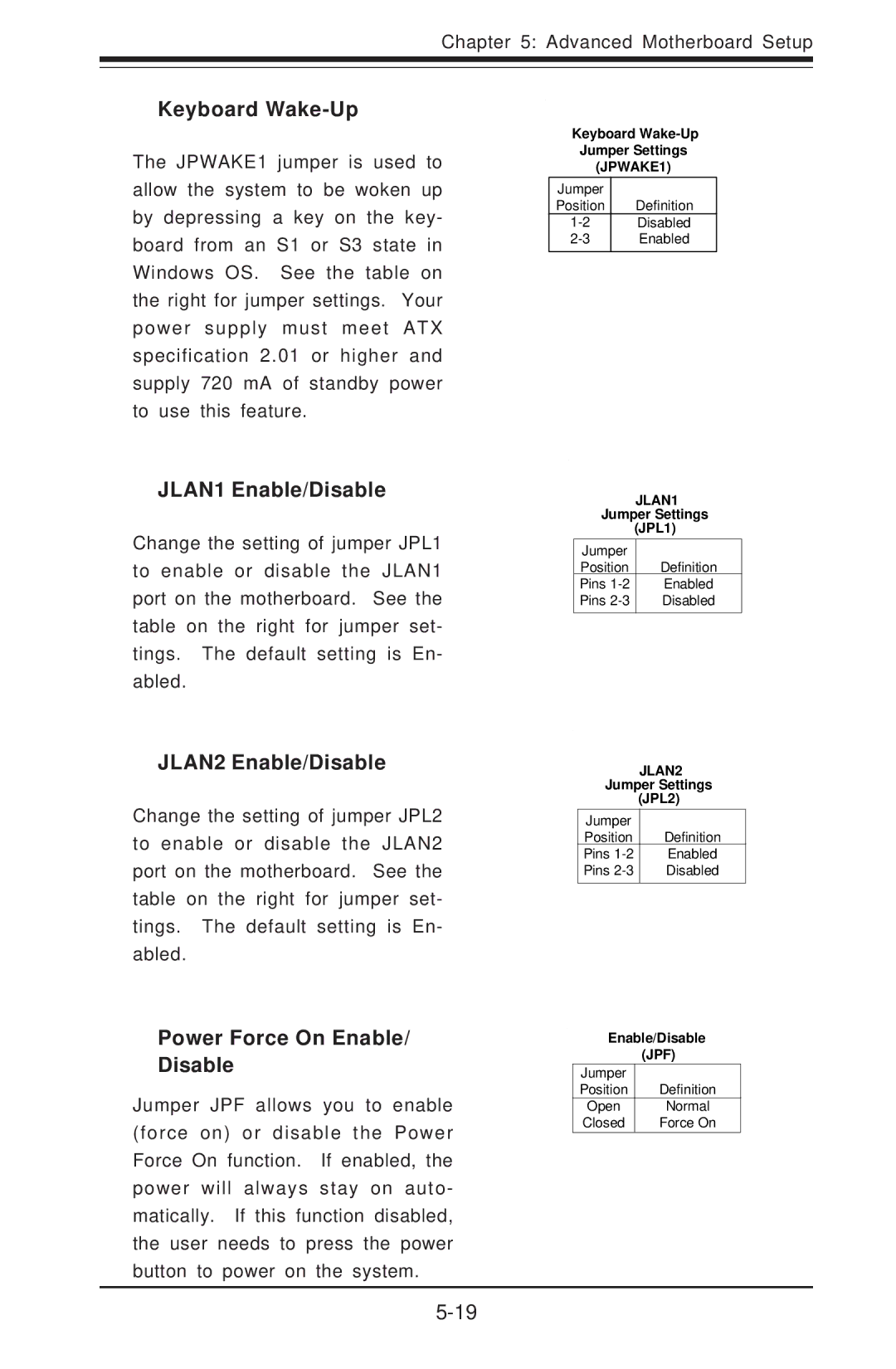 SUPER MICRO Computer 5014C-T Keyboard Wake-Up, JLAN1 Enable/Disable, JLAN2 Enable/Disable, Power Force On Enable/ Disable 