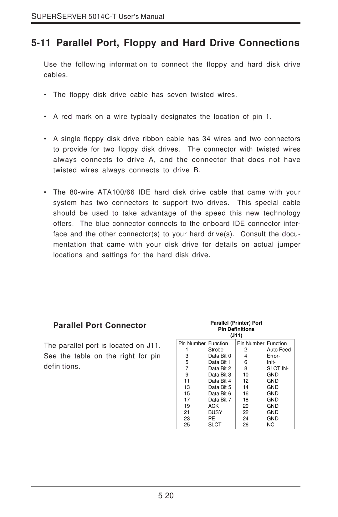 SUPER MICRO Computer 5014C-T manual Parallel Port, Floppy and Hard Drive Connections, Parallel Port Connector 