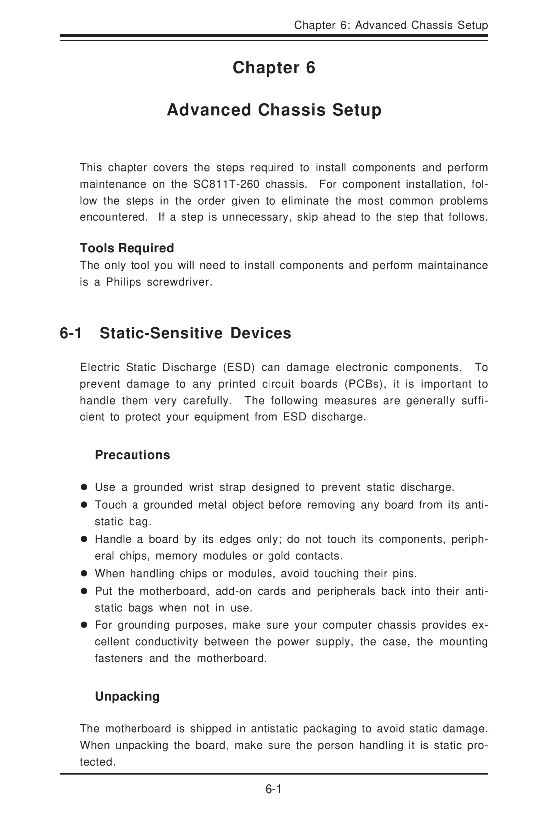 SUPER MICRO Computer 5014C-T manual Chapter Advanced Chassis Setup, Static-Sensitive Devices, Tools Required 