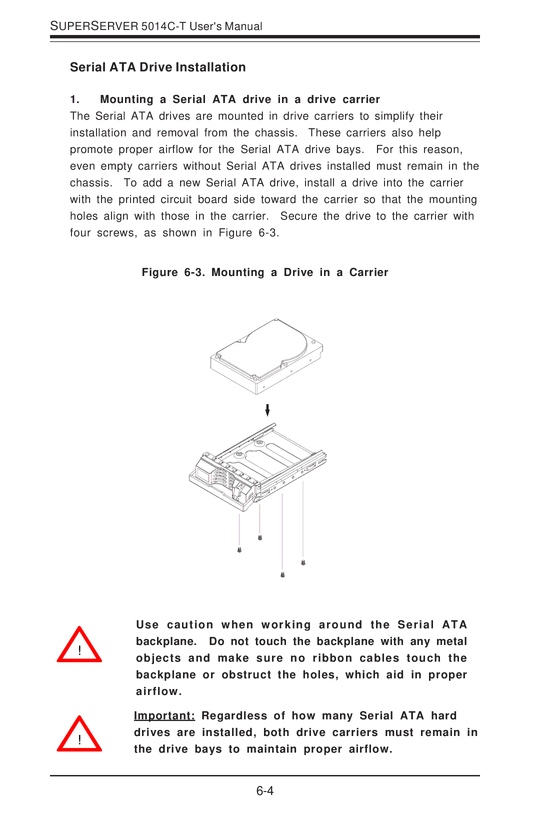 SUPER MICRO Computer 5014C-T manual Serial ATA Drive Installation, Mounting a Serial ATA drive in a drive carrier 